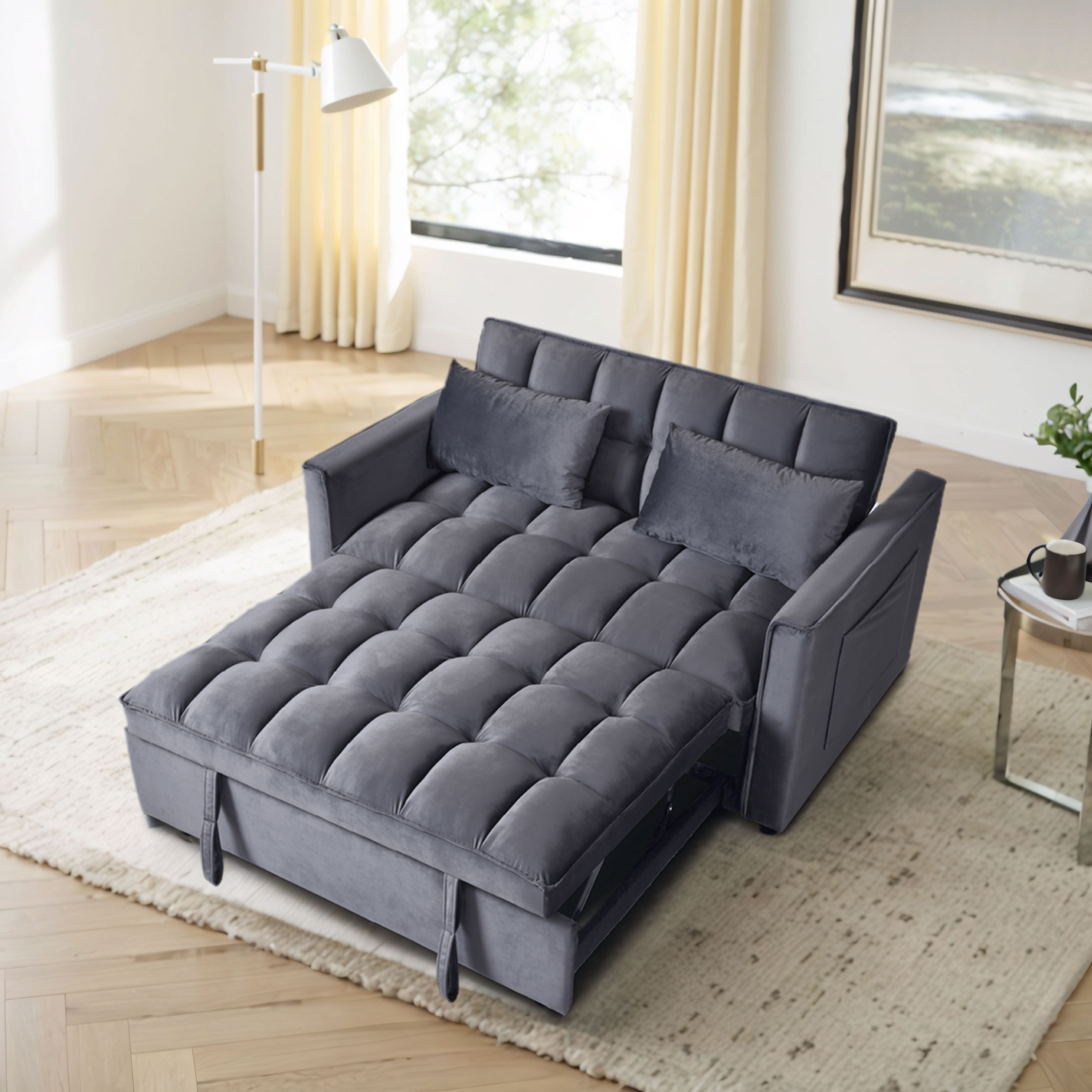 Convertible Sofa Bed, 3-in-1 Velvet Sleeper Sofa Couch with Pullout Bed, Pull Out Couch with Side Pockets and Adjustable Backrest, Sectional Sofa for Living Room, Grey, Made in Vietnam Convertible Sofa Bed, 3-in-1 Velvet Sleeper Sofa Couch with Pullout Bed, Pull Out Couch with Side Pockets and Adjustable Backrest, Sectional Sofa for Living Room, Grey, Made in Vietnam